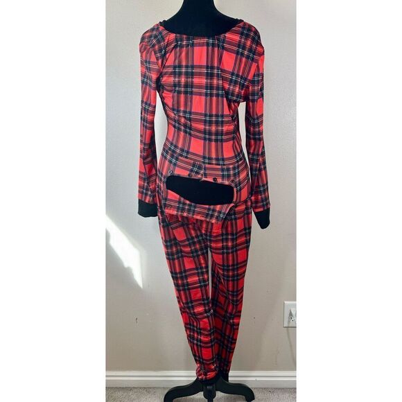 CBR Christmas Holiday Plaid Butt Button Flap Jumpsuit Romper Pajamas Women's S - Picture 6 of 16